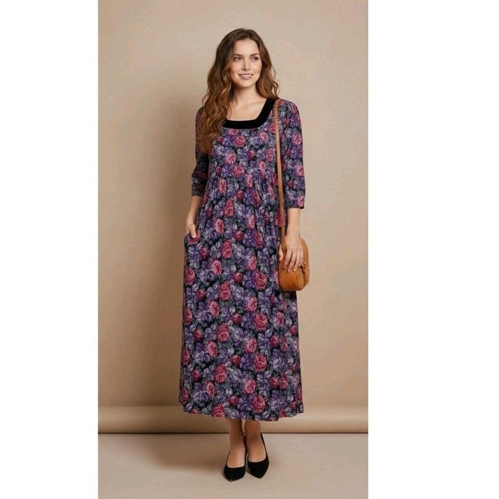 Vtg Laura Ashley Corduroy Dress Sz 6 Floral Puff Sleeves Cottage Prairie Dress‎